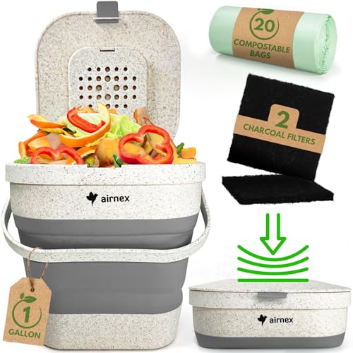 AIRNEX Collapsible Compost Bin Kitchen Counter Caddy - 1 Gallon Countertop Compost Bin with Lid Made of Wheat Straw - Odorless Kitchen Compost Bin Countertop with 20 Compost Bags and 2 Carbon Filters - Image 1