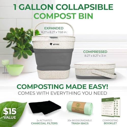 AIRNEX Collapsible Compost Bin Kitchen Counter Caddy - 1 Gallon Countertop Compost Bin with Lid Made of Wheat Straw - Odorless Kitchen Compost Bin Countertop with 20 Compost Bags and 2 Carbon Filters - Image 2