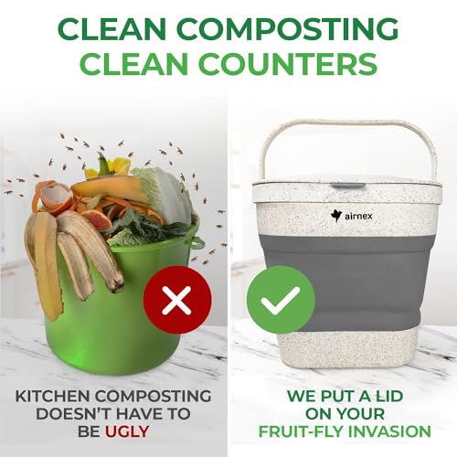 AIRNEX Collapsible Compost Bin Kitchen Counter Caddy - 1 Gallon Countertop Compost Bin with Lid Made of Wheat Straw - Odorless Kitchen Compost Bin Countertop with 20 Compost Bags and 2 Carbon Filters - Image 4