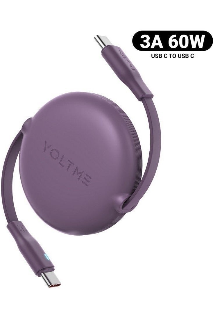 VOLTME 60W 3A Retractable Type C Cable with Power Delivery (PD) & E-Marker Chip (1m, 3ft) – Fast Charging & Data Sync USB-C to USB-C Cord Compatible with iPhone Air, 17/17 Pro/17 Pro Max, iPhone 16/16 Pro/16 Pro Max, iPhone 15 Series, iPad Pro M4, iPad Air M2, MacBook Pro/Air M3, Galaxy S25/S24 Ultra, Pixel 9 Pro, Huawei P60, Xiaomi 14, Steam Deck, ASUS ROG Alien, Nintendo Switch, PS5 Controller, iPad Mini 6, USB C Earbuds, Power Banks – Purple - Image 1