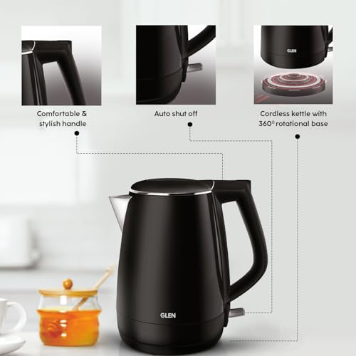 Glen Electric Kettle 1.5 Litre, 1500W | 304 Stainless Steel Kettle | Cool Touch Plastic Clad | Auto Shut-Off | Wider Mouth | for Hot Water & Tea | 360 Degree base | 2 Years Warranty - Black (SA-9006) - Image 3