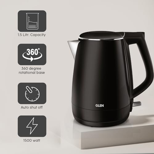 Glen Electric Kettle 1.5 Litre, 1500W | 304 Stainless Steel Kettle | Cool Touch Plastic Clad | Auto Shut-Off | Wider Mouth | for Hot Water & Tea | 360 Degree base | 2 Years Warranty - Black (SA-9006) - Image 4