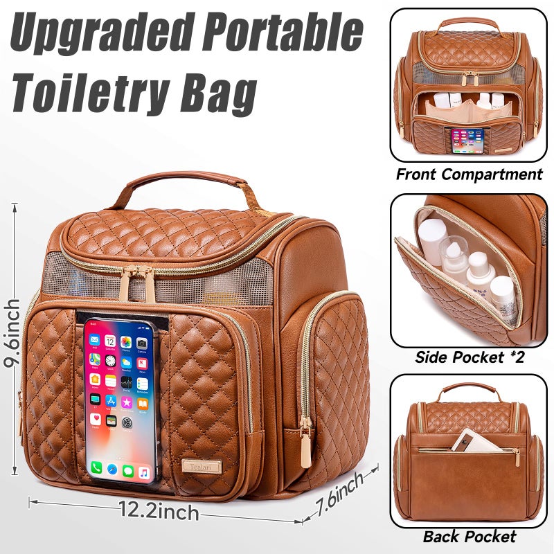 Tealari Large Leather Toiletry Bag for Women Men,Bathroom Bag,Water Resistant Shower Bag,Makeup Bag,Portable Shower Caddy for College Dorm,Hanging Travel Toiletry Bag with Transparent Waterproof Phone Pocket - Image 4
