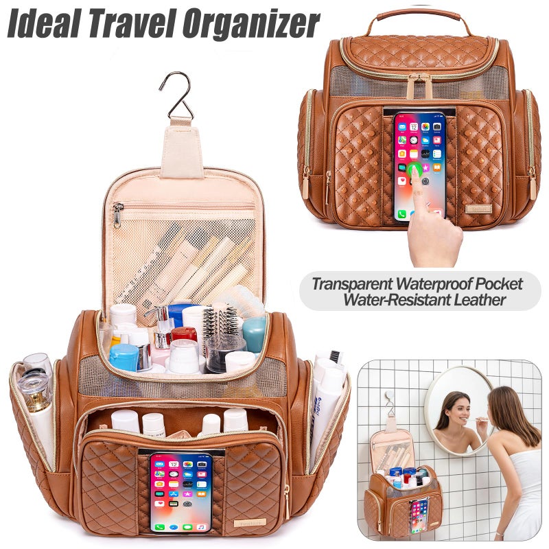 Tealari Large Leather Toiletry Bag for Women Men,Bathroom Bag,Water Resistant Shower Bag,Makeup Bag,Portable Shower Caddy for College Dorm,Hanging Travel Toiletry Bag with Transparent Waterproof Phone Pocket - Image 2