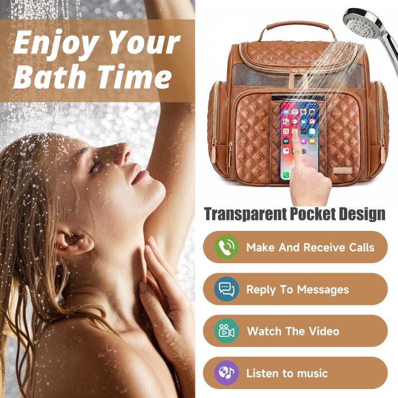 Tealari Large Leather Toiletry Bag for Women Men,Bathroom Bag,Water Resistant Shower Bag,Makeup Bag,Portable Shower Caddy for College Dorm,Hanging Travel Toiletry Bag with Transparent Waterproof Phone Pocket - Image 3