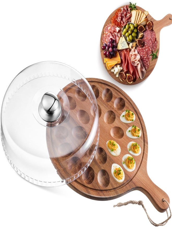 FillTouch Easter Acacia Wood Deviled Egg Platter with Lid and Handles 24 Holes Round Deviled Egg Tray Holder Reversible Wooden Charcuterie Board Serving Containers for Countertop Easter Party - Image 1