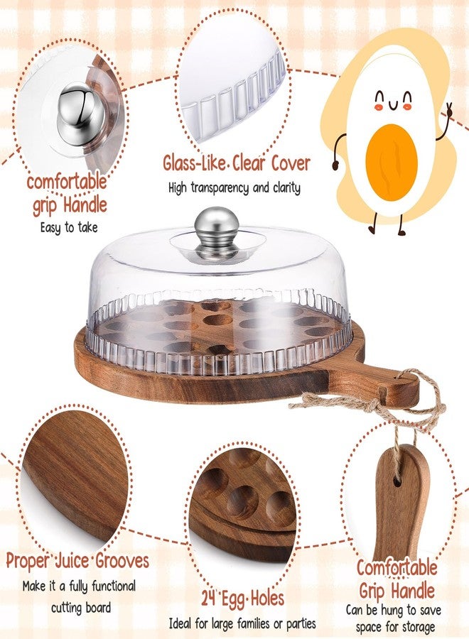 FillTouch Easter Acacia Wood Deviled Egg Platter with Lid and Handles 24 Holes Round Deviled Egg Tray Holder Reversible Wooden Charcuterie Board Serving Containers for Countertop Easter Party - Image 3
