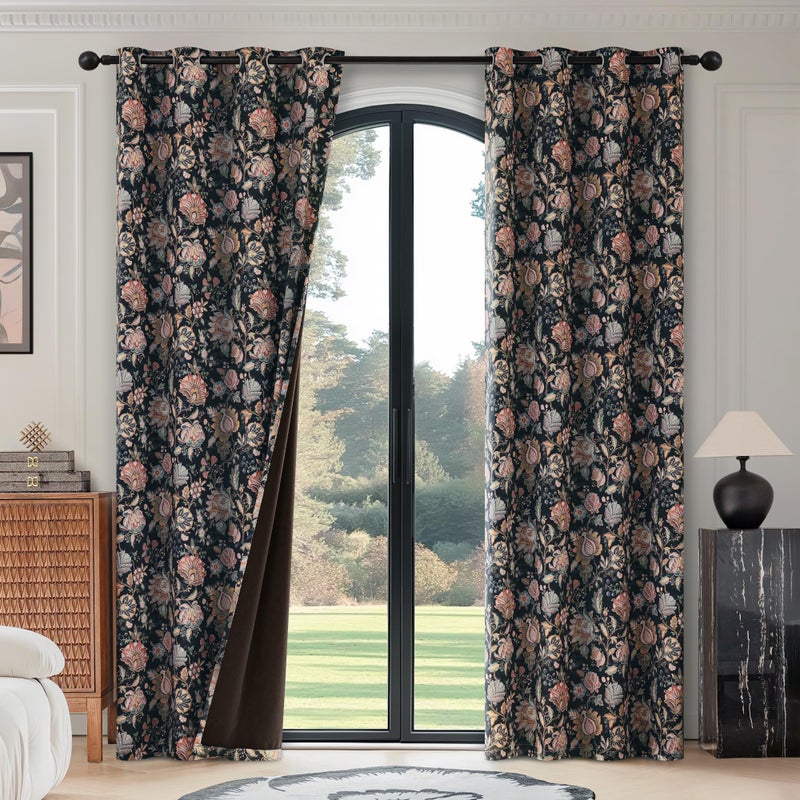 FMFUNCTEX 100% Boho Blackout Floral Curtains for Bedroom, Vintage Flower Patterned Black Curtains 84 Inches Long for Living Room Darkening Thermal Insulated Grommet Window Farmhose Drapes 2 Panels - Image 2