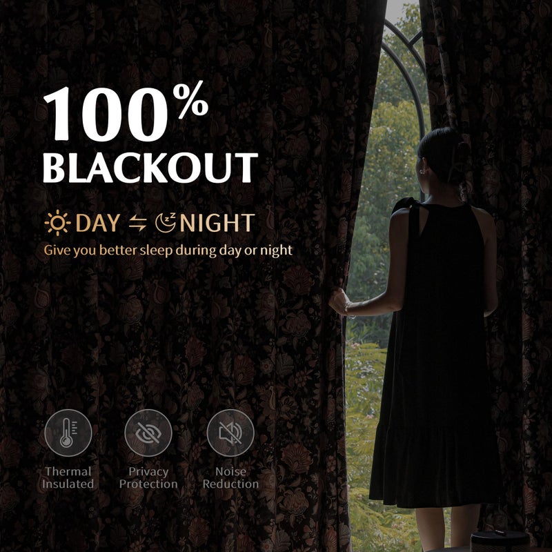 FMFUNCTEX 100% Boho Blackout Floral Curtains for Bedroom, Vintage Flower Patterned Black Curtains 84 Inches Long for Living Room Darkening Thermal Insulated Grommet Window Farmhose Drapes 2 Panels - Image 3