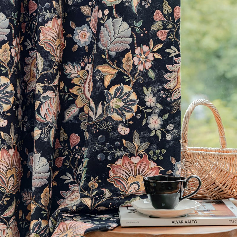 FMFUNCTEX 100% Boho Blackout Floral Curtains for Bedroom, Vintage Flower Patterned Black Curtains 84 Inches Long for Living Room Darkening Thermal Insulated Grommet Window Farmhose Drapes 2 Panels - Image 1
