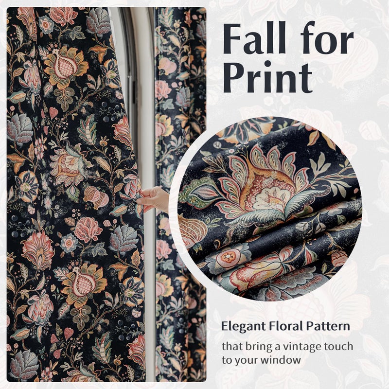 FMFUNCTEX 100% Boho Blackout Floral Curtains for Bedroom, Vintage Flower Patterned Black Curtains 84 Inches Long for Living Room Darkening Thermal Insulated Grommet Window Farmhose Drapes 2 Panels - Image 4
