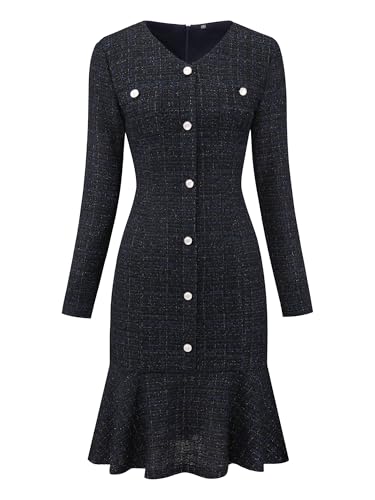 Hobemty Women's Tweed Dress 2025 Long Sleeve Wedding Cocktail Bodycon Fishtail Dresses Small Blue Black - Image 1