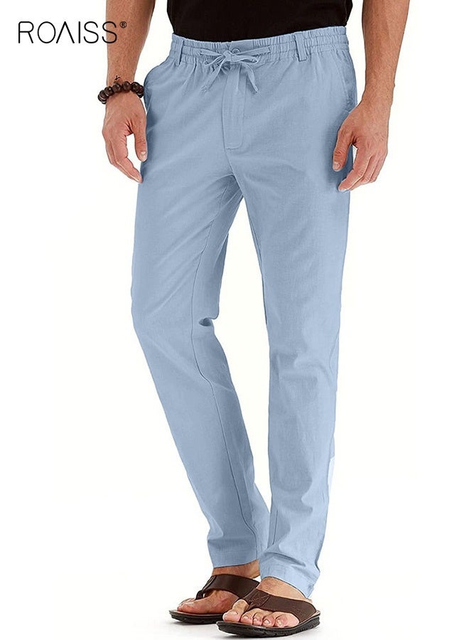 roaiss Men's Casual Solid Color Pants Cotton Versatile Business Trousers Mens Soft Comfortable Mid-Rise Straight Long Pants Loose Lace-Up Drawstring Waist Elastic Design Light Blue  - Image 1
