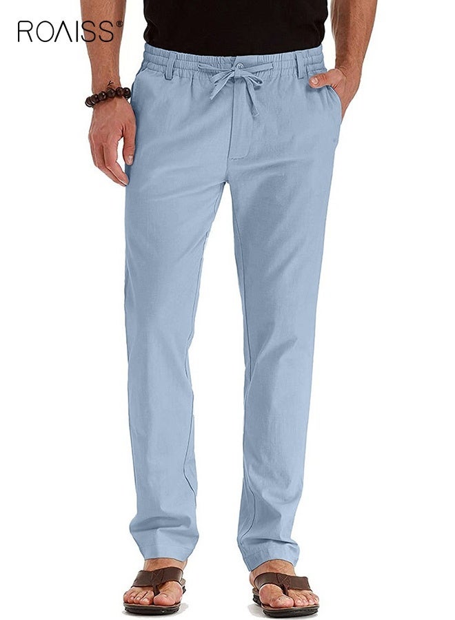 roaiss Men's Casual Solid Color Pants Cotton Versatile Business Trousers Mens Soft Comfortable Mid-Rise Straight Long Pants Loose Lace-Up Drawstring Waist Elastic Design Light Blue  - Image 2