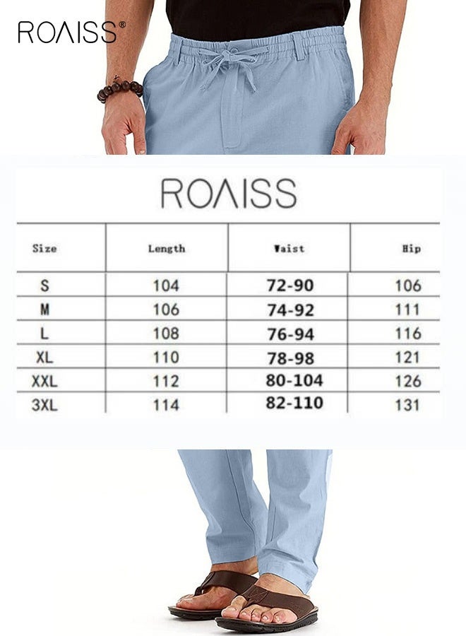 roaiss Men's Casual Solid Color Pants Cotton Versatile Business Trousers Mens Soft Comfortable Mid-Rise Straight Long Pants Loose Lace-Up Drawstring Waist Elastic Design Light Blue  - Image 3