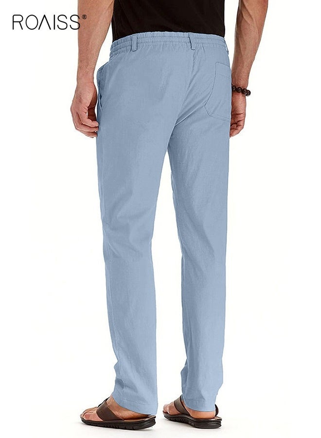 roaiss Men's Casual Solid Color Pants Cotton Versatile Business Trousers Mens Soft Comfortable Mid-Rise Straight Long Pants Loose Lace-Up Drawstring Waist Elastic Design Light Blue  - Image 4