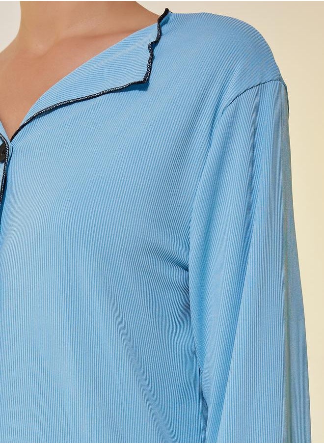 Take Two Ribbed Contrast Trim Long Sleeve Shirt and Pyjama Set  - Image 3