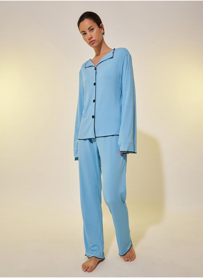 Take Two Ribbed Contrast Trim Long Sleeve Shirt and Pyjama Set  - Image 1