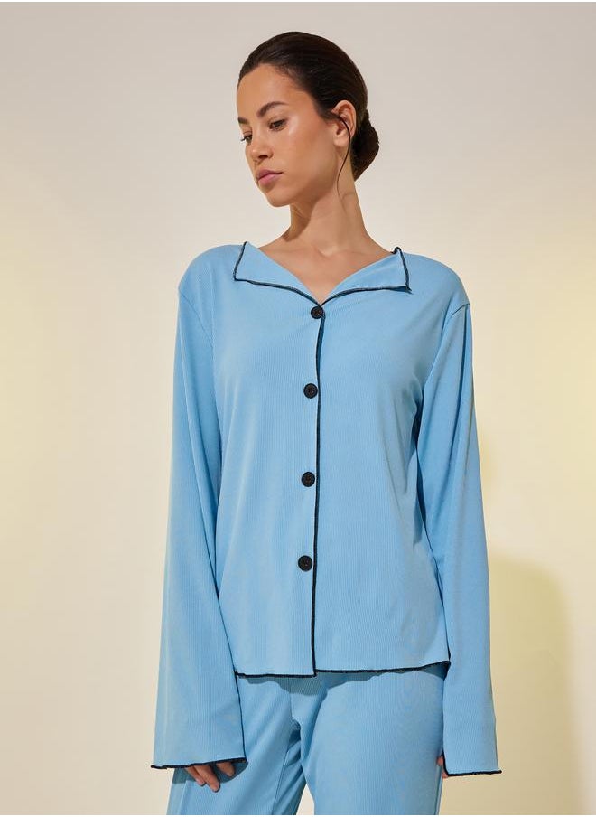 Take Two Ribbed Contrast Trim Long Sleeve Shirt and Pyjama Set  - Image 2