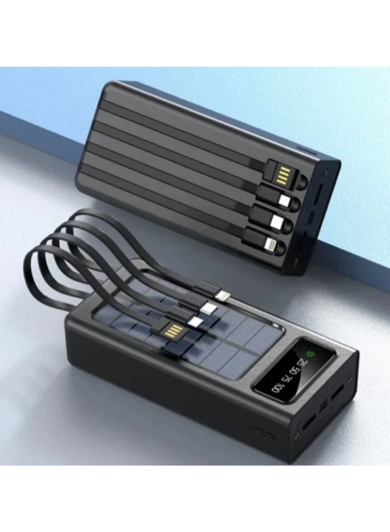 ‏40000mAh power bank with 4 built-in cables, digital display and solar panel for charging in black color  - Image 4