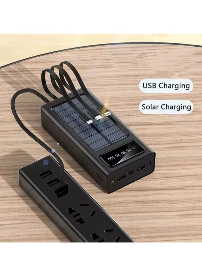 ‏40000mAh power bank with 4 built-in cables, digital display and solar panel for charging in black color  - Image 3