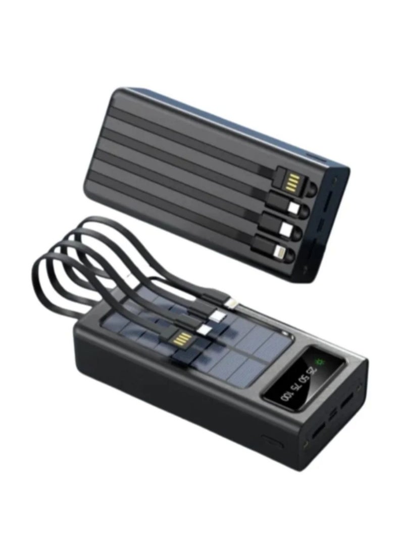‏40000mAh power bank with 4 built-in cables, digital display and solar panel for charging in black color  - Image 2