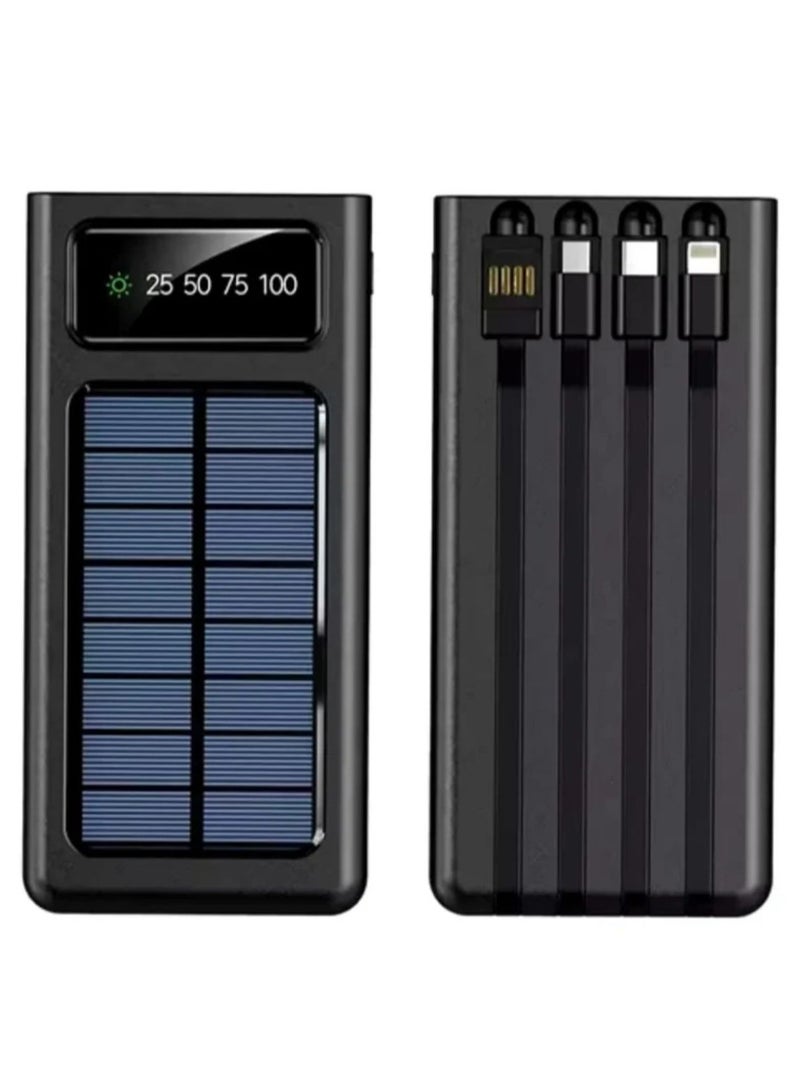 ‏40000mAh power bank with 4 built-in cables, digital display and solar panel for charging in black color  - Image 1