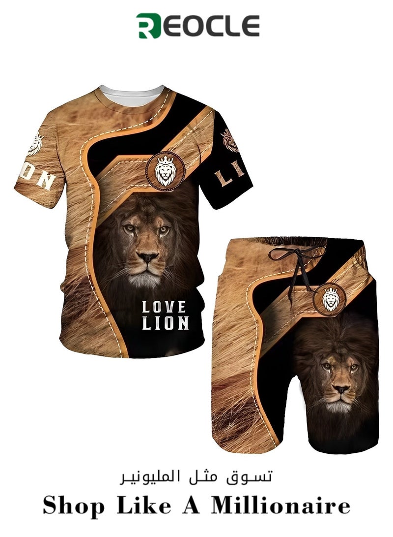 ريوكل طقم مكون من قطعتين للرجال مكون من شورت وبدلة رياضية بطباعة ثلاثية الأبعاد حقيقية وبدلة كاجوال بأكمام قصيرة ورقبة دائرية وقميص وشورت للعطلات - Image 1