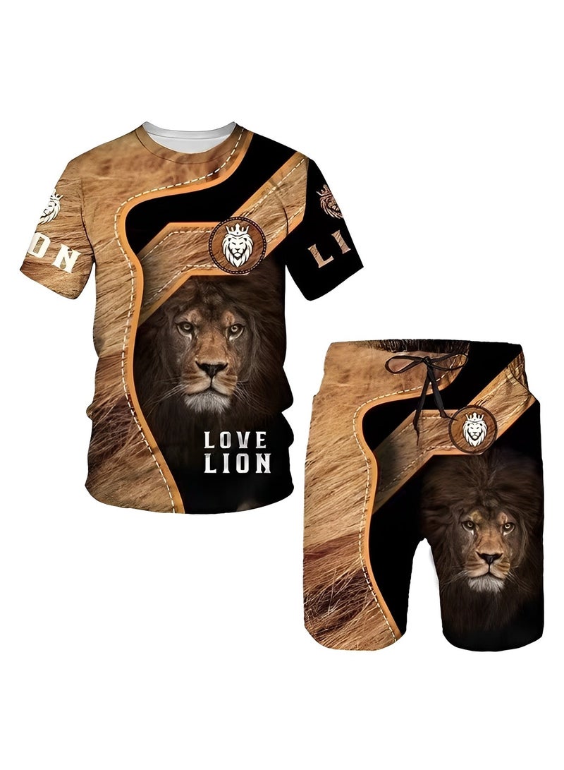 ريوكل طقم مكون من قطعتين للرجال مكون من شورت وبدلة رياضية بطباعة ثلاثية الأبعاد حقيقية وبدلة كاجوال بأكمام قصيرة ورقبة دائرية وقميص وشورت للعطلات - Image 2