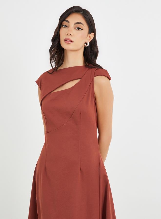 Styli Solid Asymmetric Neckline A-Line Midi Dress - Image 3