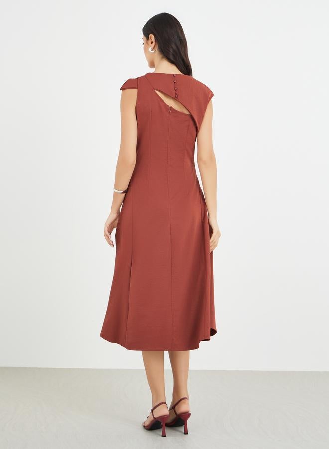 Styli Solid Asymmetric Neckline A-Line Midi Dress - Image 5