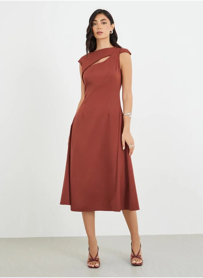 ستايلي Styli Solid Asymmetric Neckline A-Line Midi Dress