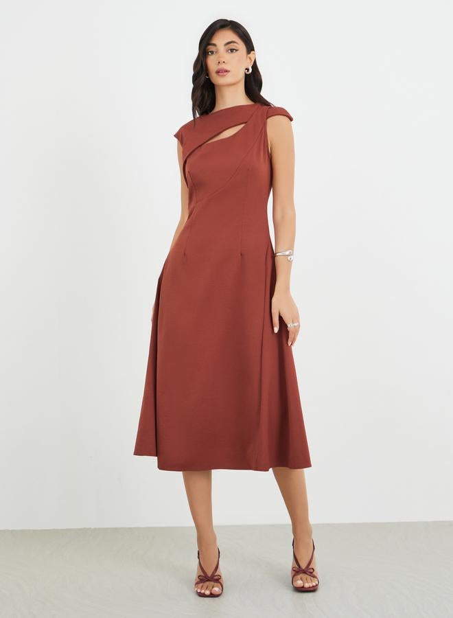 Styli Solid Asymmetric Neckline A-Line Midi Dress - Image 2