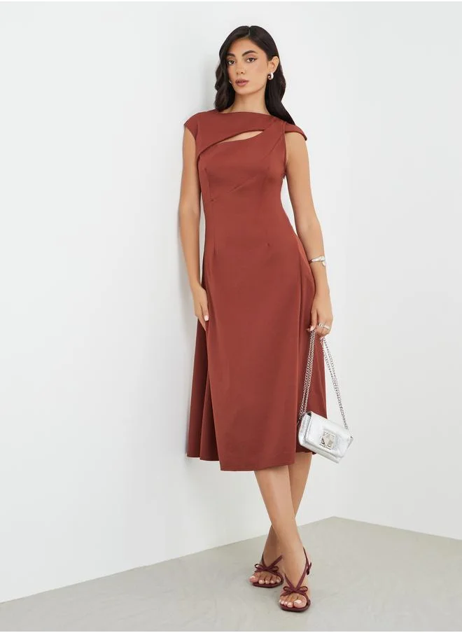 ستايلي Styli Solid Asymmetric Neckline A-Line Midi Dress