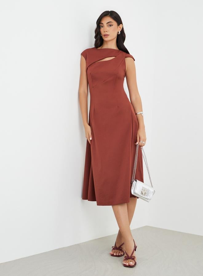 Styli Solid Asymmetric Neckline A-Line Midi Dress - Image 1
