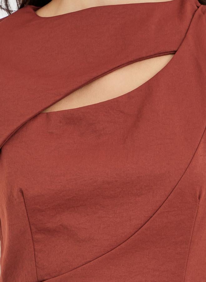 Styli Solid Asymmetric Neckline A-Line Midi Dress - Image 4