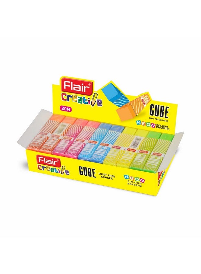 Flair Creative Series Cube Eraser Box Pack | Neat & Dust Free Erasing | Neon Color Erasers | Stationery Gift Item For Kids & Students | Safe For Children | 5 Different Body Colors | Pack of 20 Erasers - Image 1