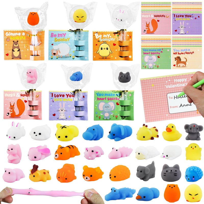 TORONTOKYO 28 Pack Valentine's Day Mochi Squishies Toys with Cards for Kids, Valentines Day Gifts for Kids, Kawaii Stress Relief Fidget Toy for Classroom Exchange Gift, Lollipop Party Favor, Reward Prizes - Image 1