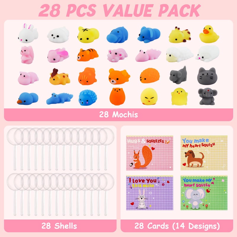 TORONTOKYO 28 Pack Valentine's Day Mochi Squishies Toys with Cards for Kids, Valentines Day Gifts for Kids, Kawaii Stress Relief Fidget Toy for Classroom Exchange Gift, Lollipop Party Favor, Reward Prizes - Image 2