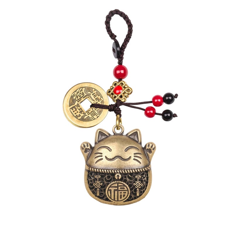Mansiyuyee Lucky Cat Keychain with Five Emperors Money Feng Shui Coins, Maneki Neko Good Luck Charms Lucky Tassel - Image 1