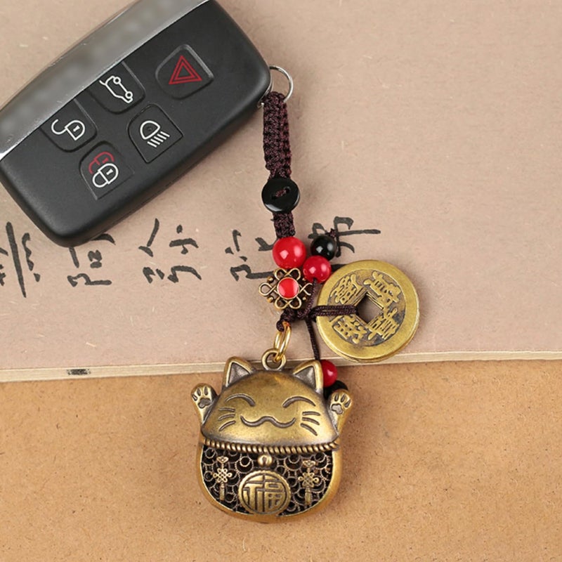 Mansiyuyee Lucky Cat Keychain with Five Emperors Money Feng Shui Coins, Maneki Neko Good Luck Charms Lucky Tassel - Image 5