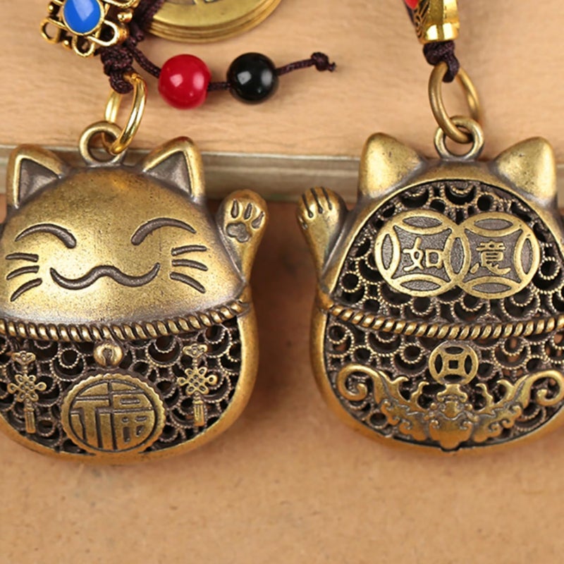 Mansiyuyee Lucky Cat Keychain with Five Emperors Money Feng Shui Coins, Maneki Neko Good Luck Charms Lucky Tassel - Image 3
