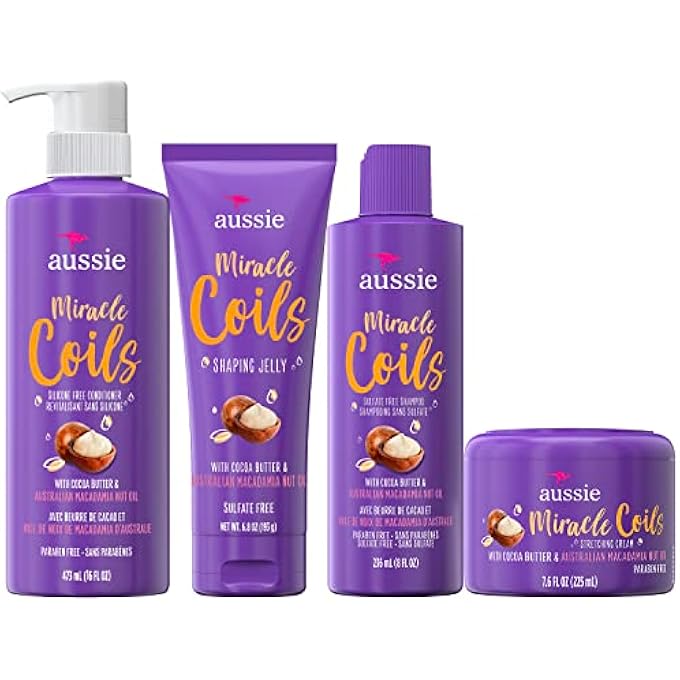 Aussie MIRACLE COILS COLLECTION, SHAMPOO, CONDITIONER, SHAPING JELLY & STRETCHING CREAM, FOR CURLY HAIR, MADE WITH AUSTRALIAN MACADAMIA NUT OIL, SULFATE & PARABEN FREE , WHITE , 4 PIECE SET - Image 1