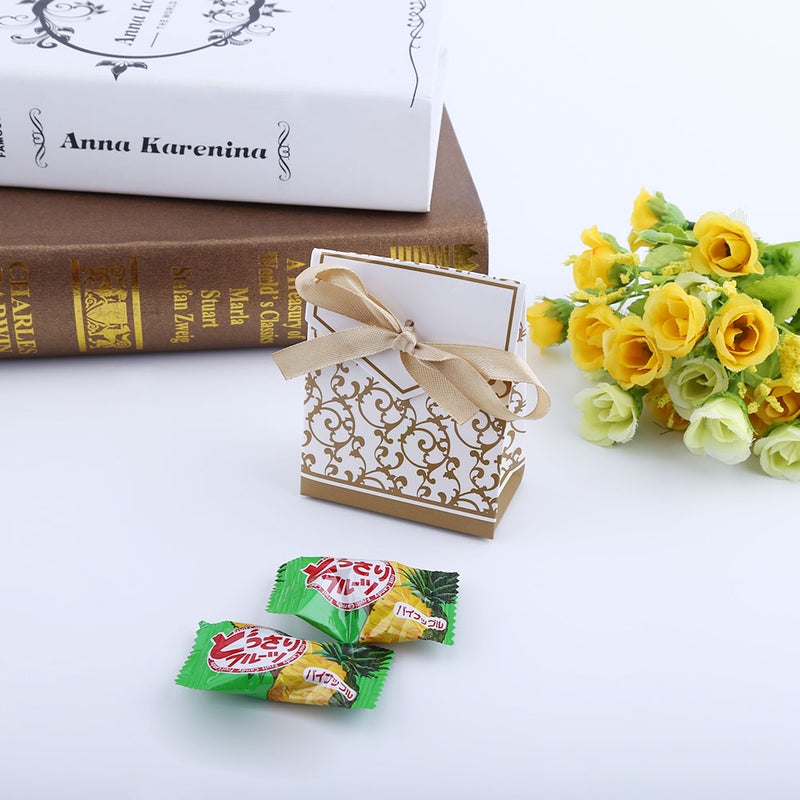 10PCS Sweet Wedding Party Favor Ribbon Gift Bags Candy Paper Boxes Gloden - Image 5