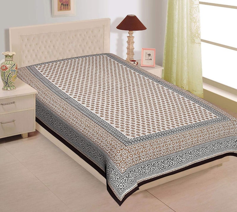 Texstylers Brown Pure Cotton 200 TC Jaipuri Print 60 x 90 Inches Single Bed Sheet Black - Image 1