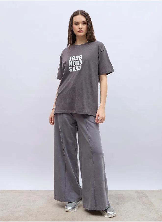Styli Styli Slogan Print Acid Washed Longline Oversized T-Shirt