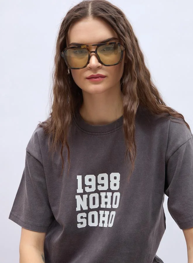 Styli Styli Slogan Print Acid Washed Longline Oversized T-Shirt