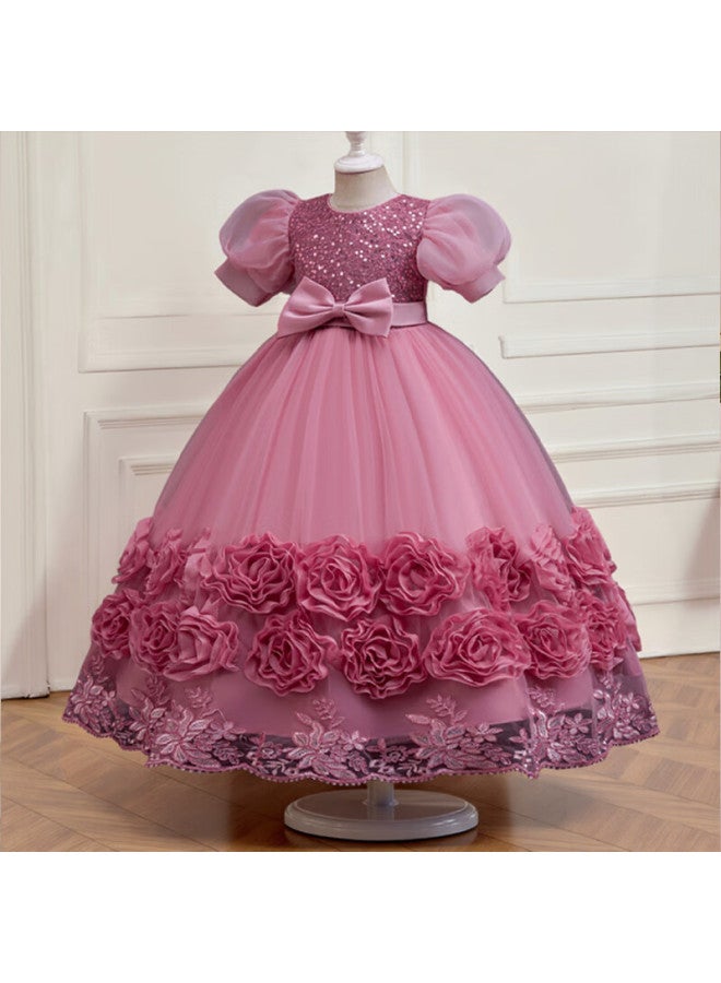 Luobobeibei Girls Princess Puffy Dress Children's Formal Dress Little Hostess Piano Performance Dress Pink 130 - Image 2