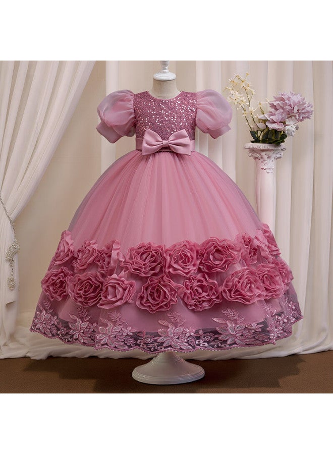 Luobobeibei Girls Princess Puffy Dress Children's Formal Dress Little Hostess Piano Performance Dress Pink 130 - Image 5
