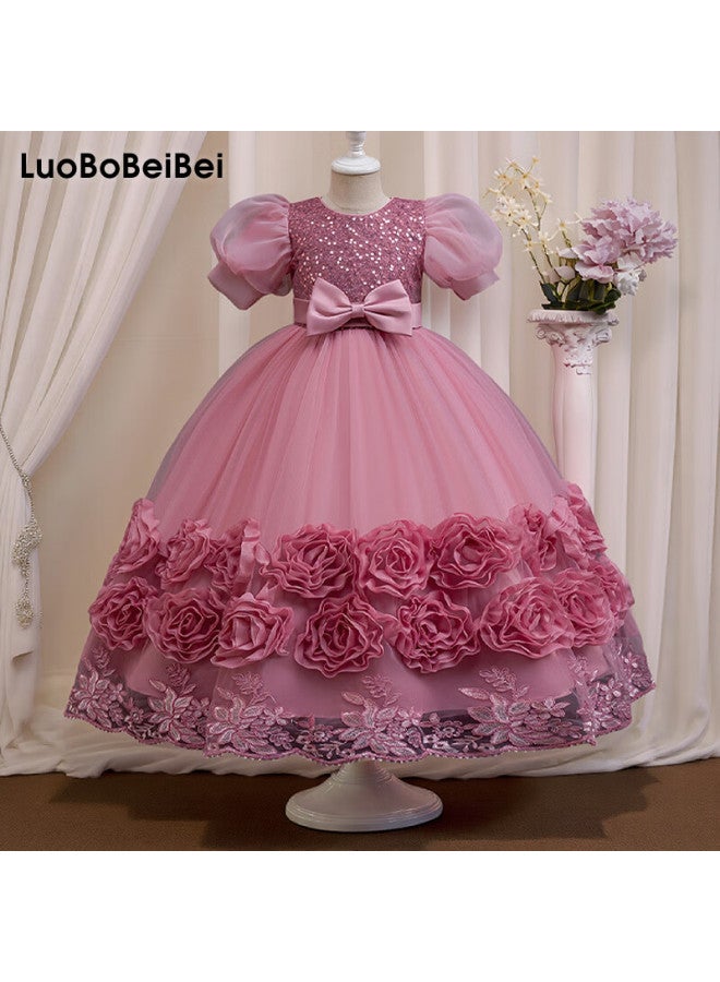 Luobobeibei Girls Princess Puffy Dress Children's Formal Dress Little Hostess Piano Performance Dress Pink 130 - Image 1